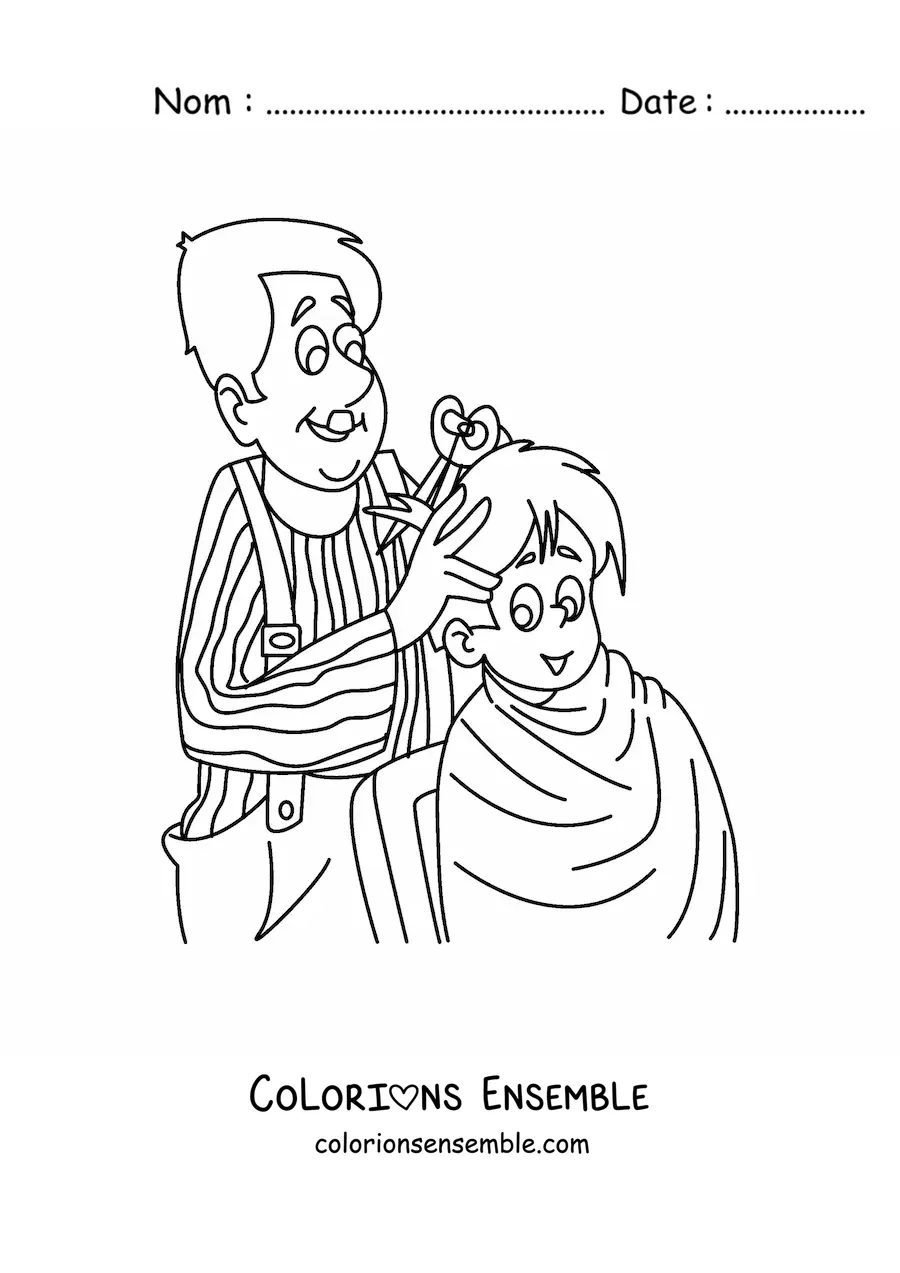 Image à colorier d'un barbier qui coupe les cheveux d'un petit garçon