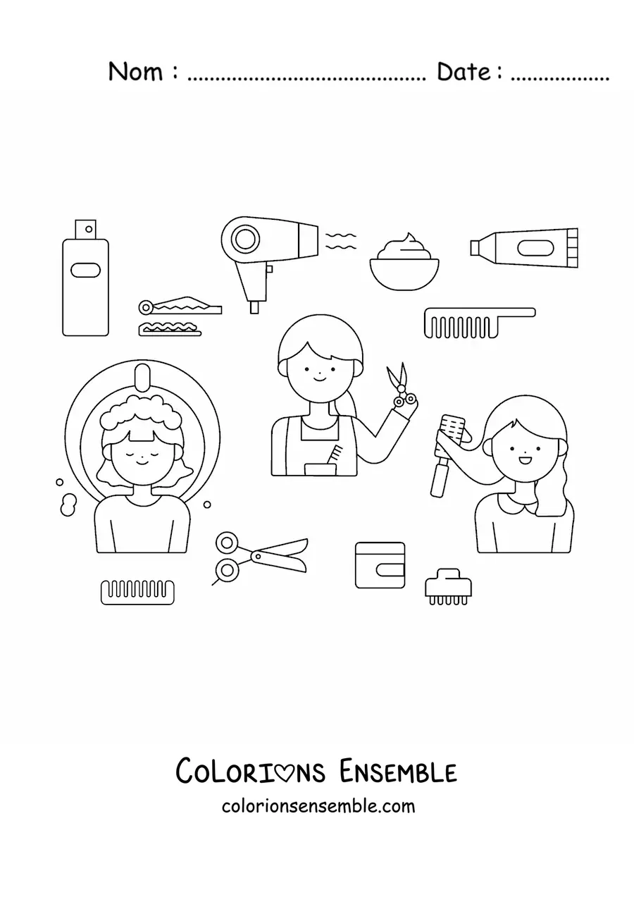 Image à colorier du métier de coiffeuse et de ses outils