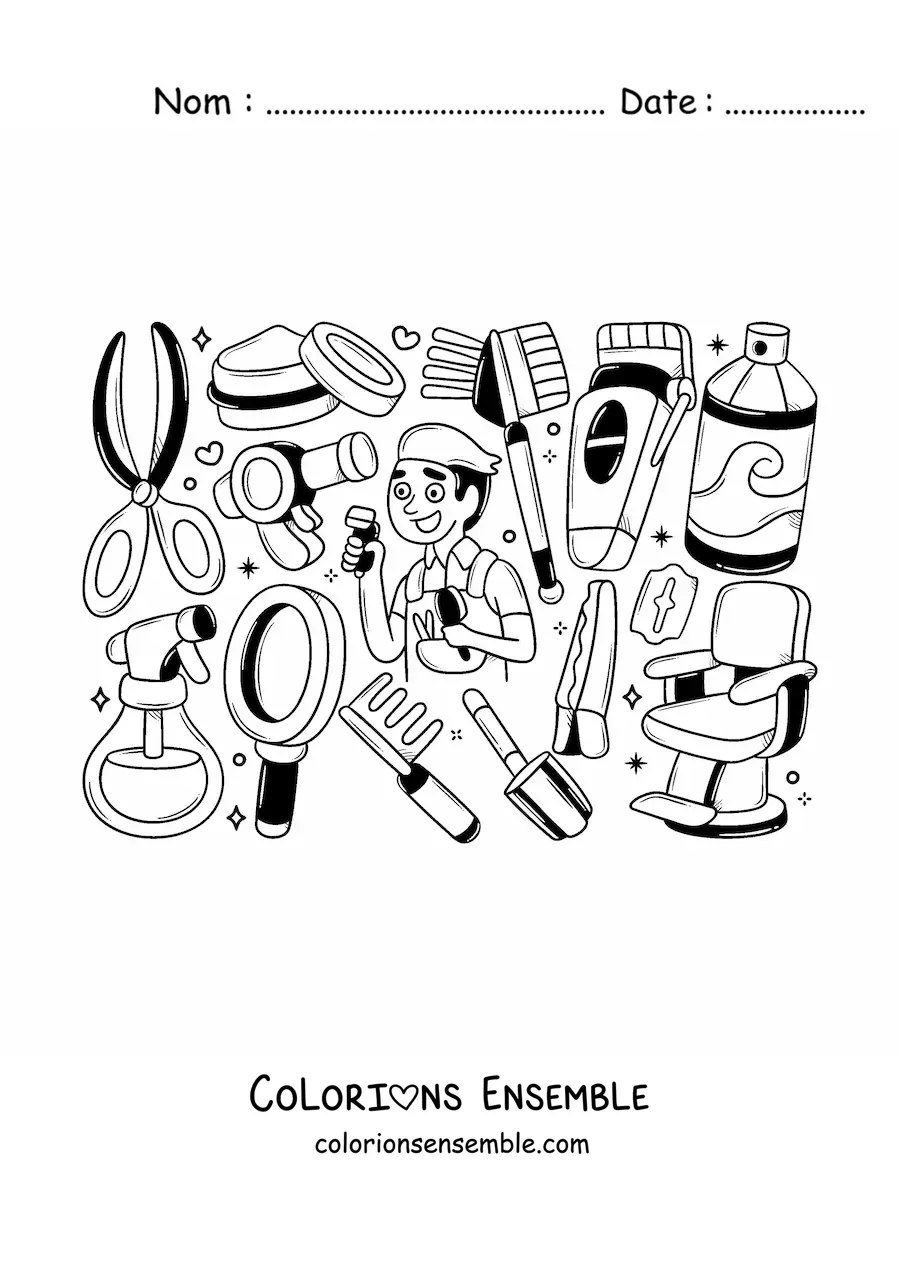 Image à colorier du métier de barbier avec son fauteuil et ses outils