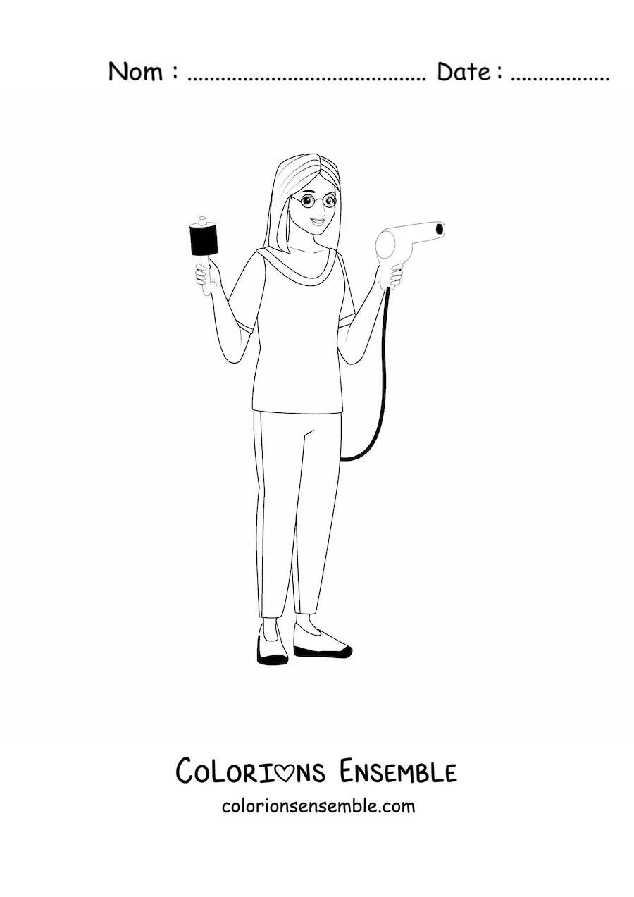Image à colorier d'une coiffeuse avec un peigne et un sèche-cheveux