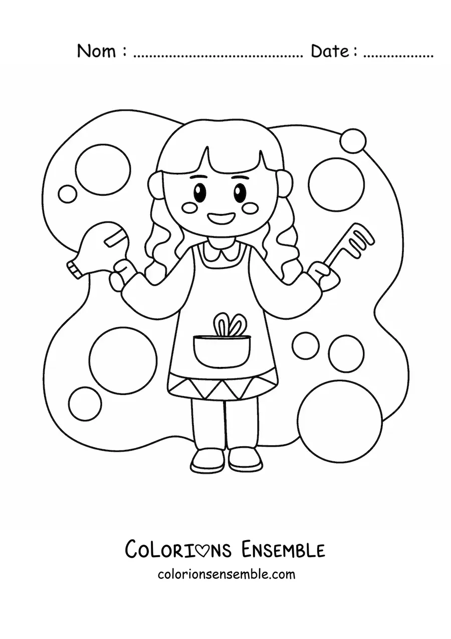 Image à colorier d'une coiffeuse toute mignonne avec un peigne et un sèche-cheveux