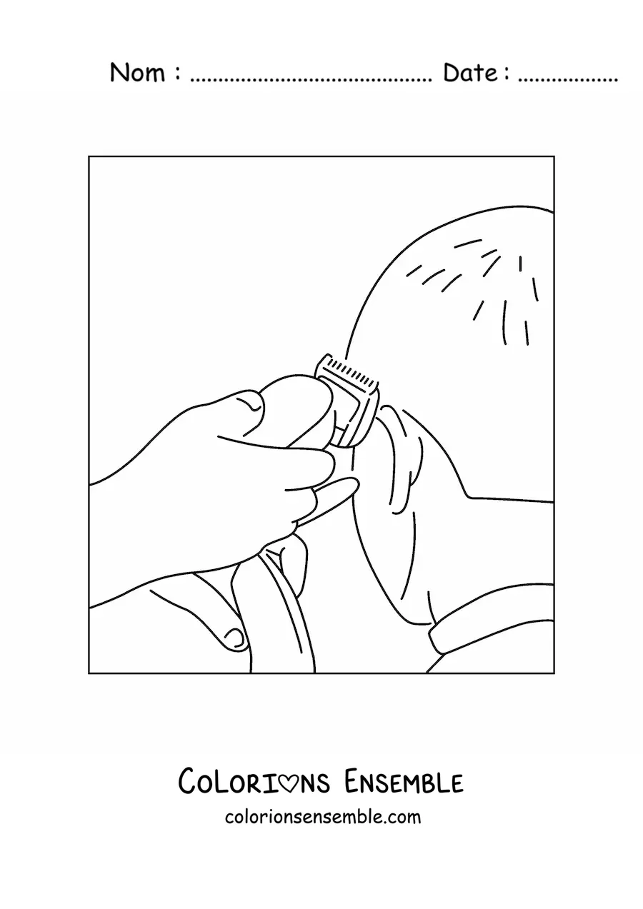 Image à colorier d'un barbier qui rase un client avec une tondeuse