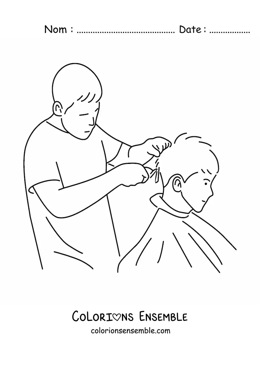 Image à colorier d'un barbier qui coupe les cheveux d'un client