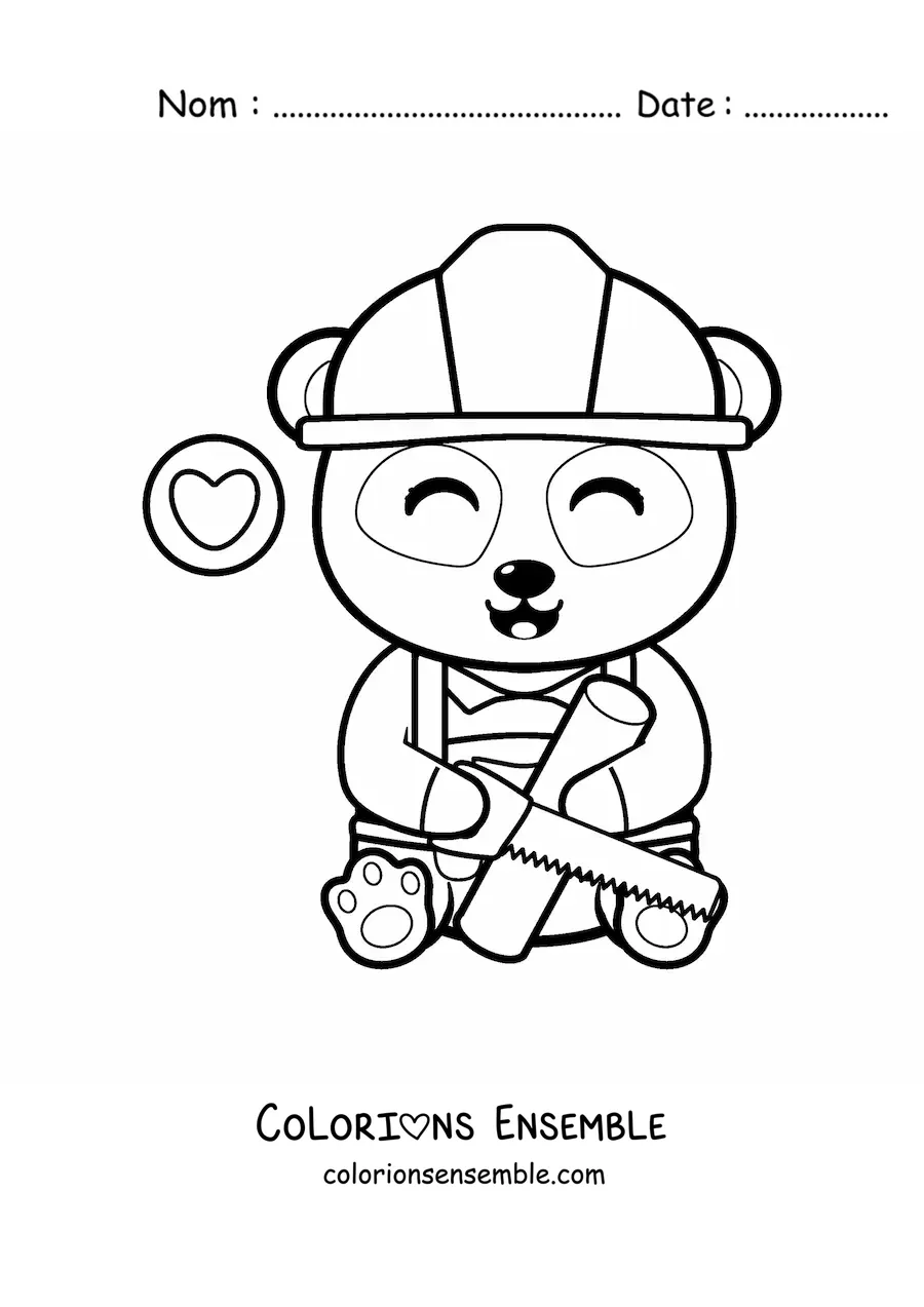 Image à colorier d'un panda charpentier kawaii qui coupe du bois