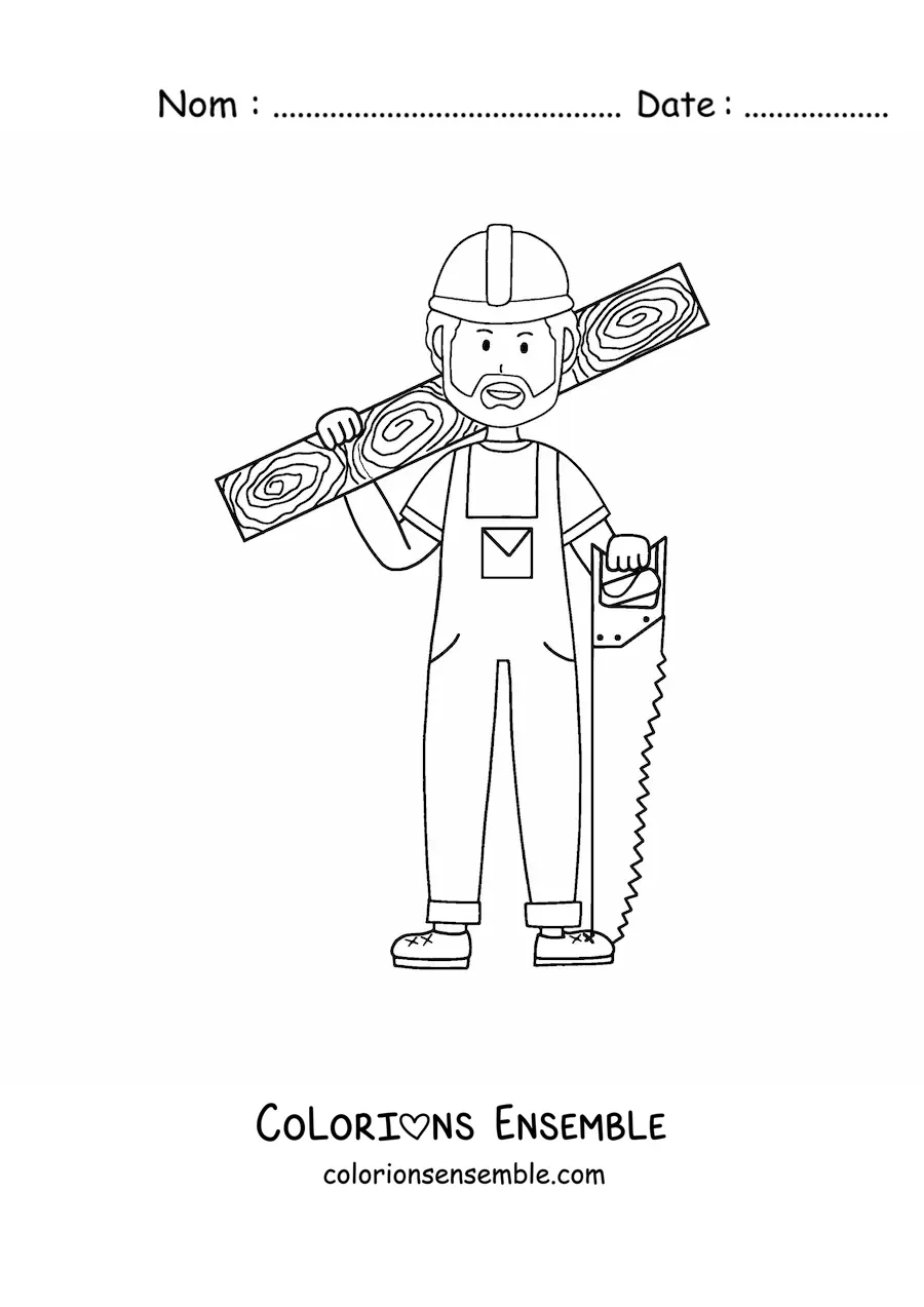 Image à colorier d'un homme qui exerce le métier de charpentier avec une planche et une scie