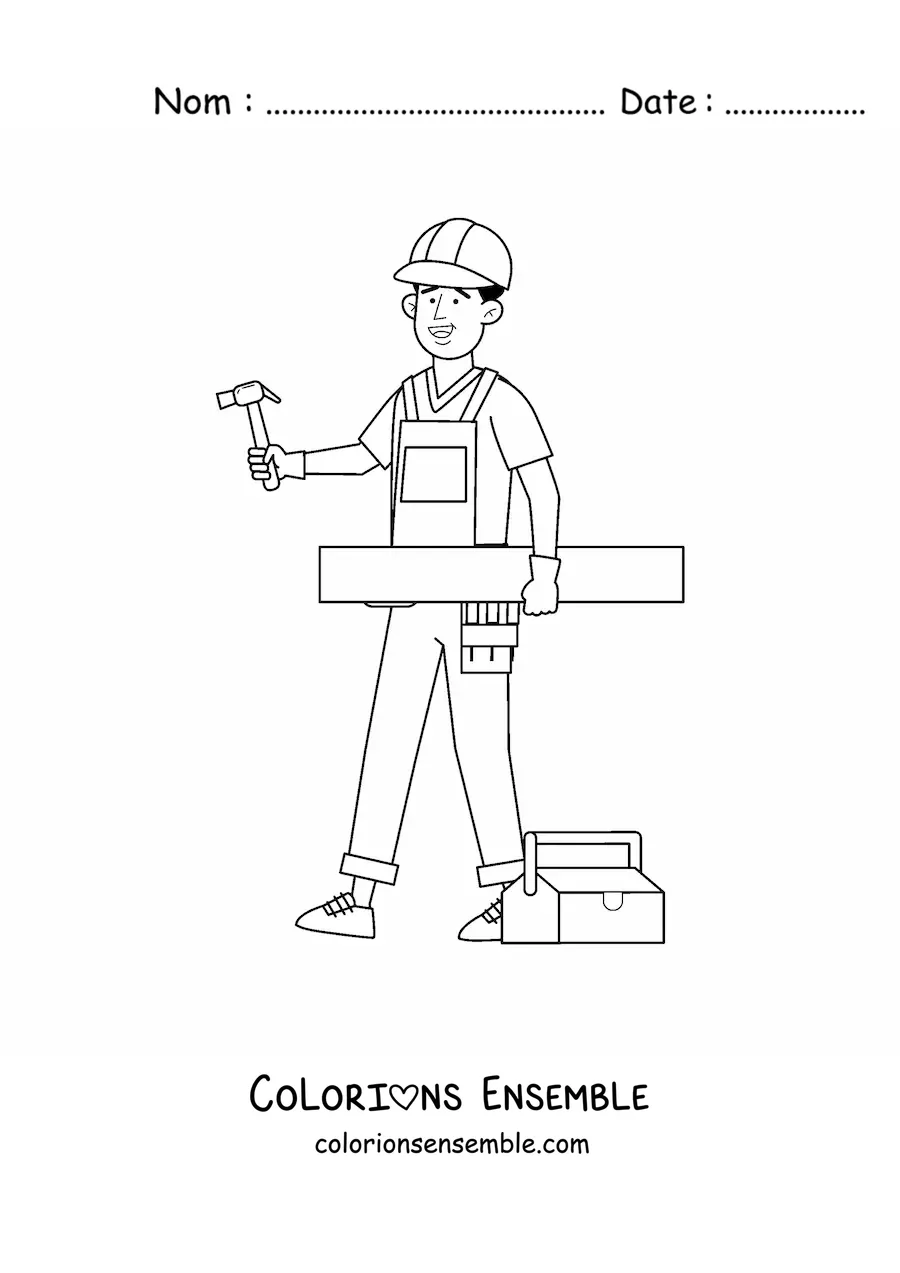Image à colorier d'un homme qui exerce le métier de charpentier avec ses outils