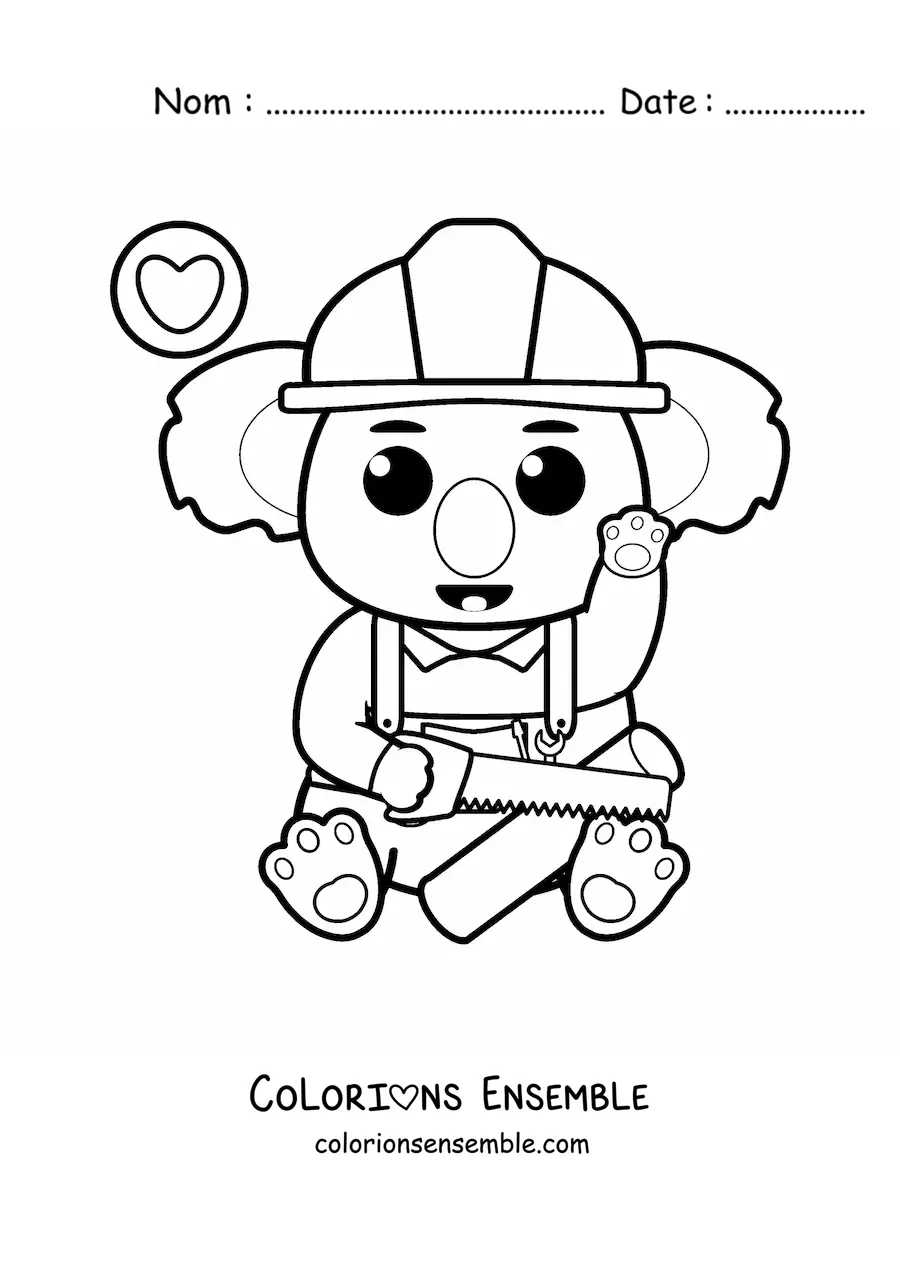 Image à colorier d'un koala charpentier kawaii qui coupe du bois