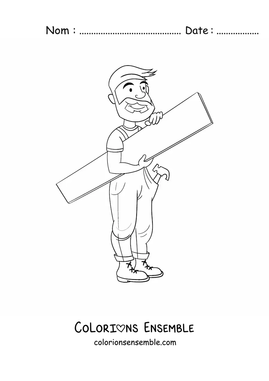 Image à colorier d'un homme qui exerce la profession de charpentier avec une planche et un marteau