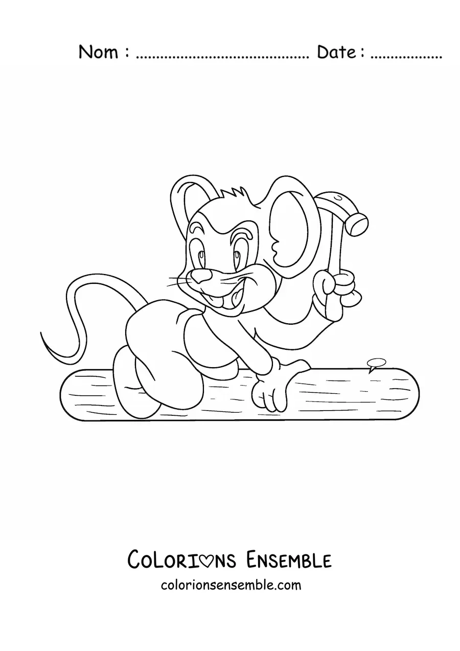 Image à colorier d'une souris charpentière toute mignonne qui plante un clou