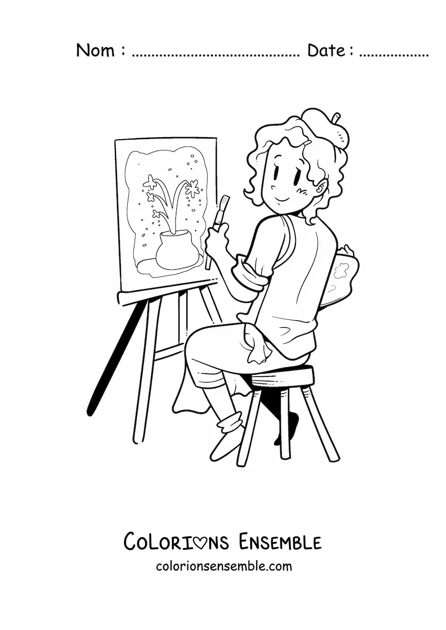 Image à colorier d'une peintre artistique en train de créer une oeuvre