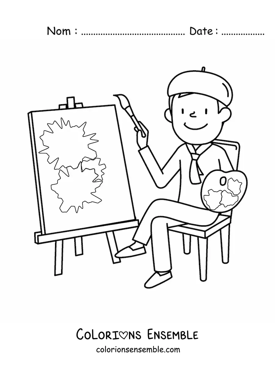 Image à colorier d'un artiste français tout mignon en train de peindre un tableau