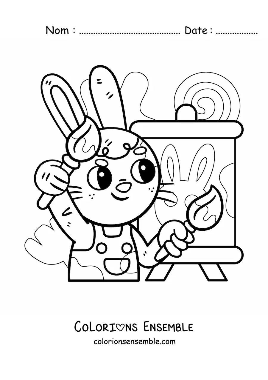 Image à colorier d'un lapin peintre kawaii tout mignon en train de peindre un tableau