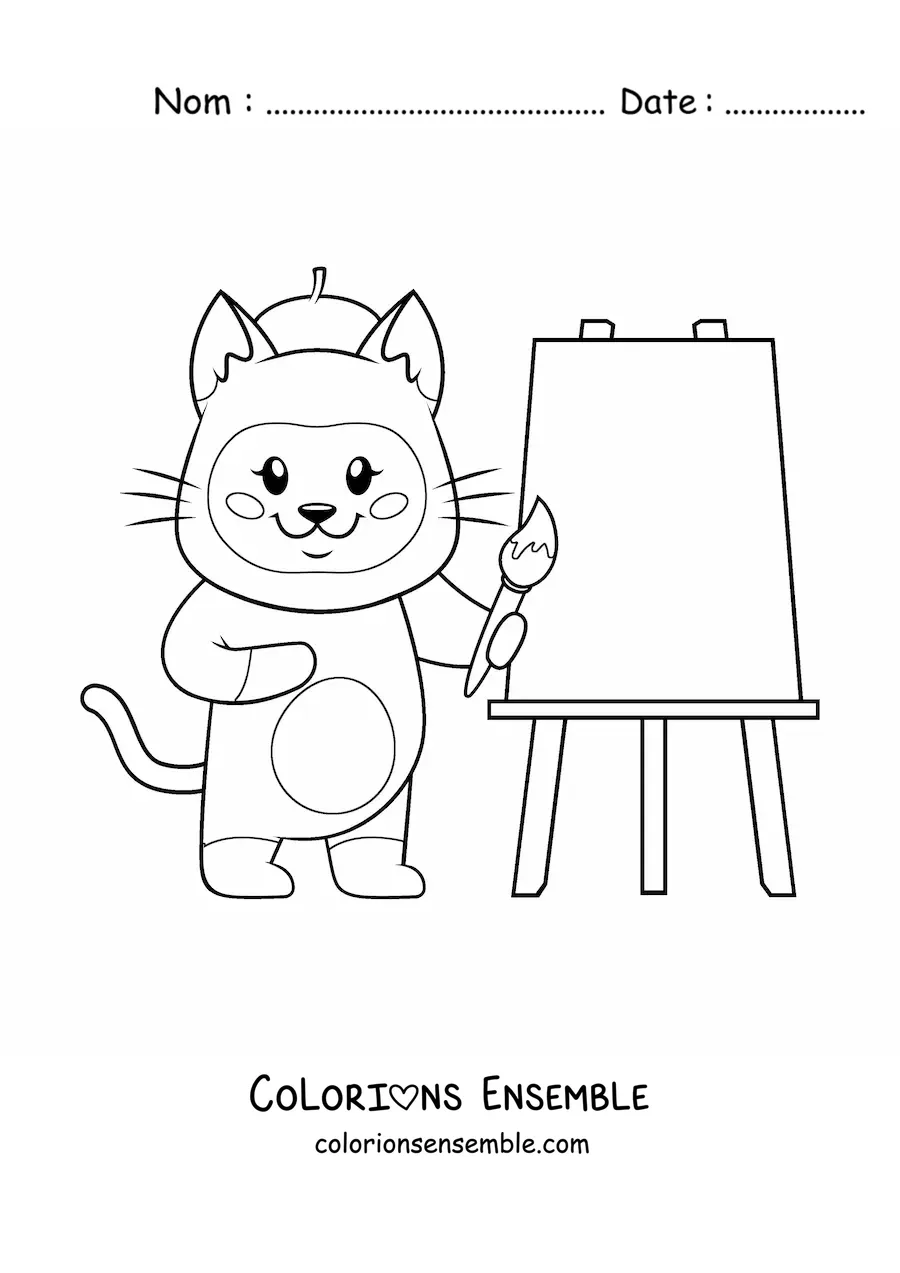 Image à colorier d'un chat peintre kawaii tout mignon en train de peindre un tableau