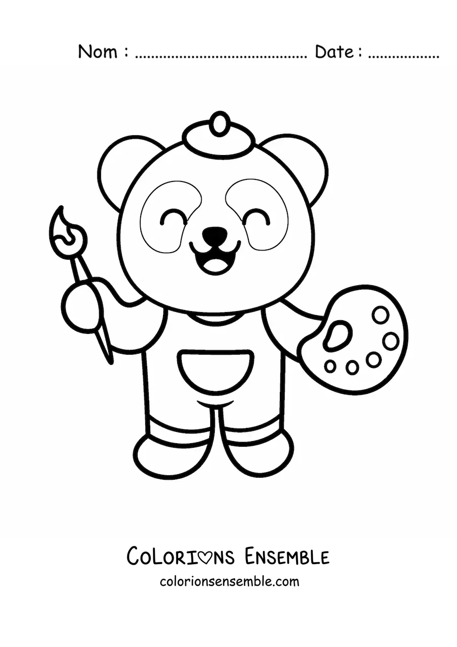 Image à colorier toute simple d'un panda peintre kawaii avec une palette et un pinceau