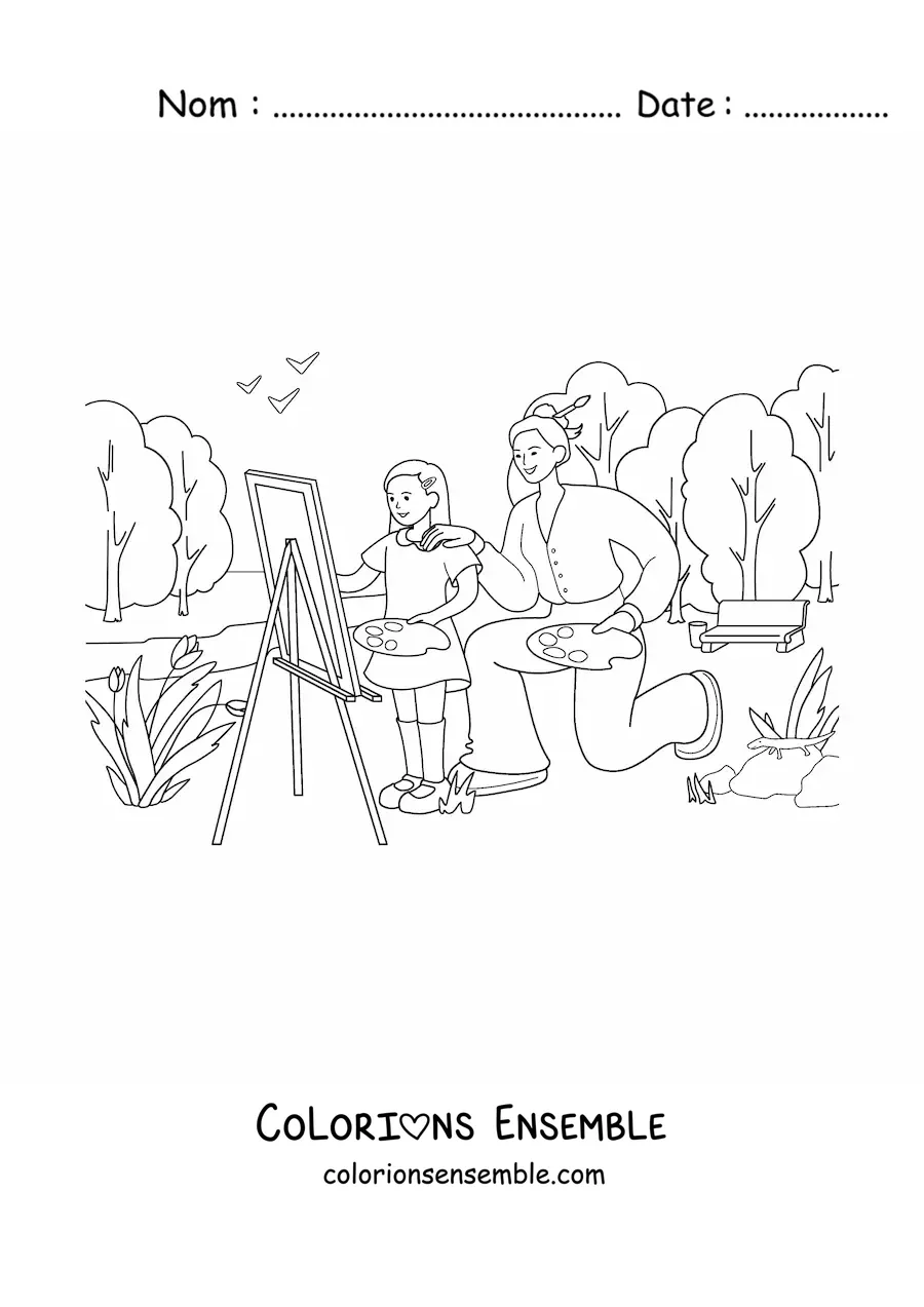 Image à colorier d'une petite fille et de sa maman en train de peindre un tableau dans un parc