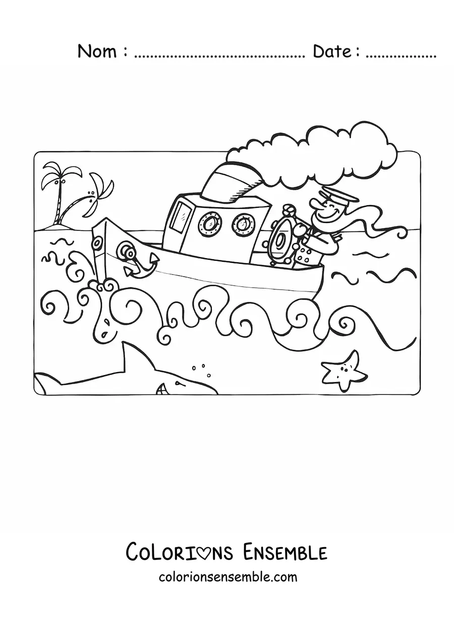 Image à colorier d'un marin sur un bateau en mer avec un requin et une étoile de mer