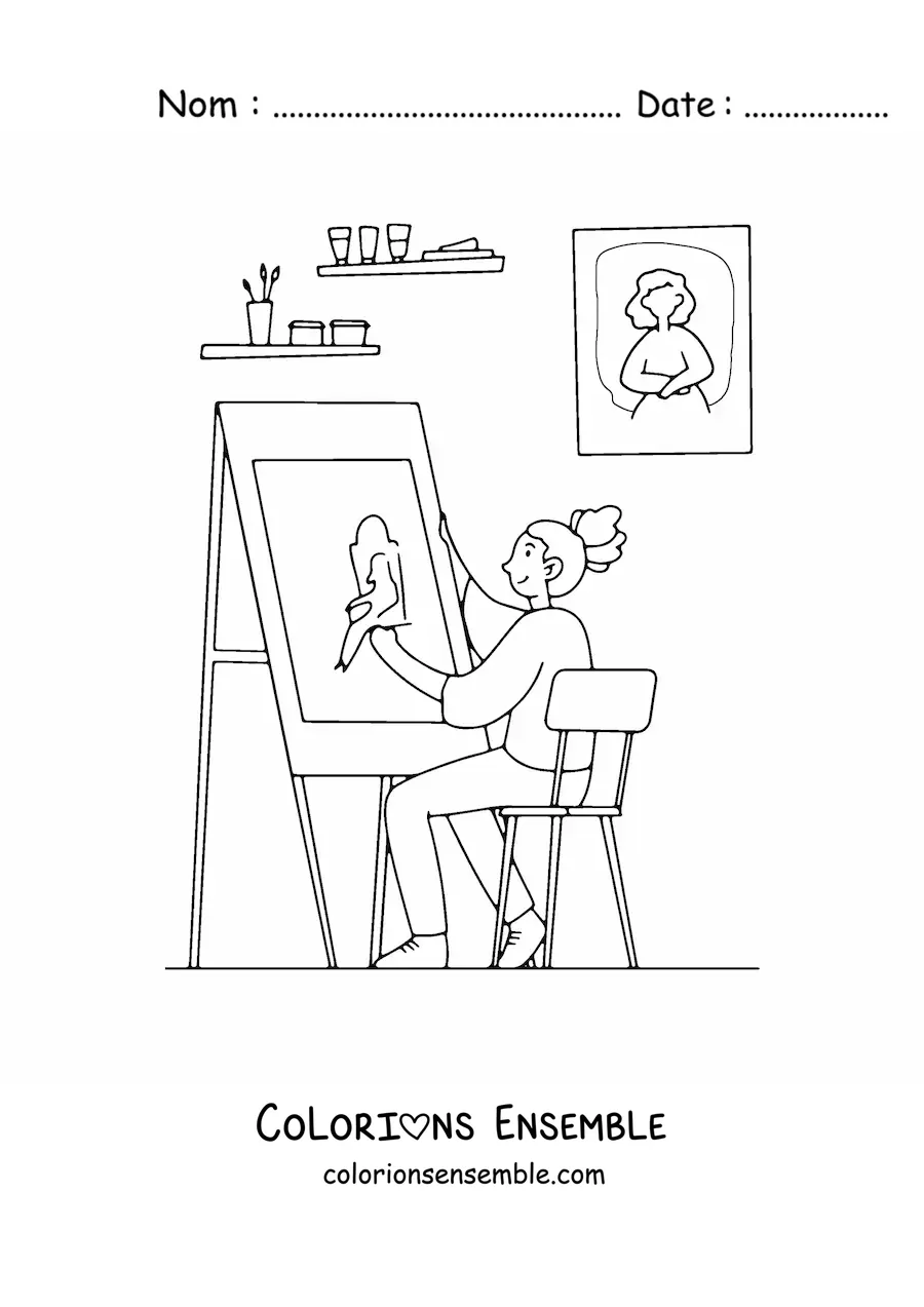 Image à colorier d'une jeune artiste en train de peindre un tableau chez elle