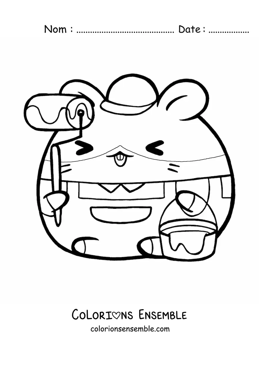 Image à colorier d'un hamster kawaii tout mignon qui exerce le métier de peintre avec un rouleau