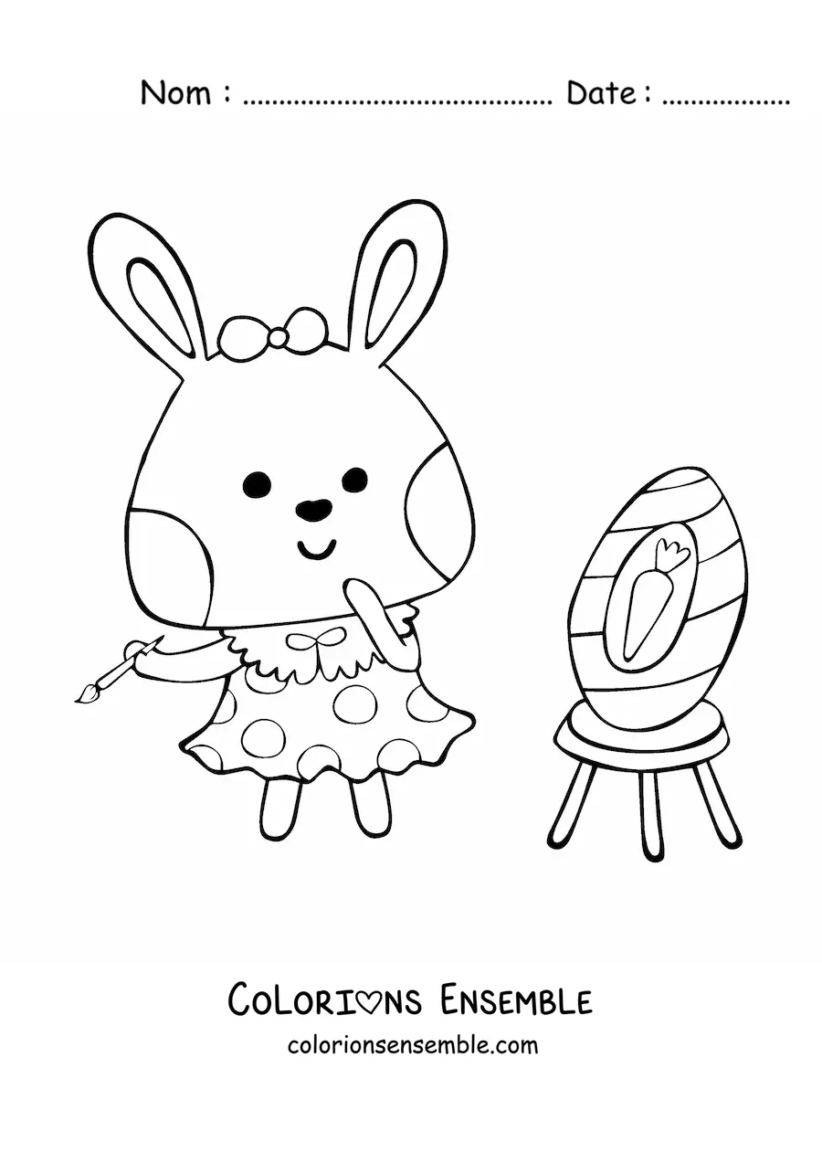Image à colorier d'un lapin peintre kawaii tout mignon en train de peindre un oeuf de Pâques