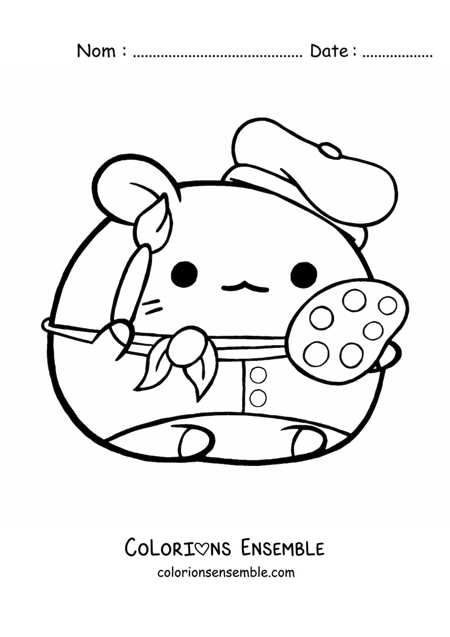 Image à colorier d'un hamster peintre kawaii tout mignon avec une palette et un pinceau
