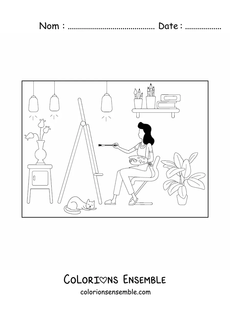 Image à colorier d'une jeune artiste en train de peindre un tableau chez elle avec son chat