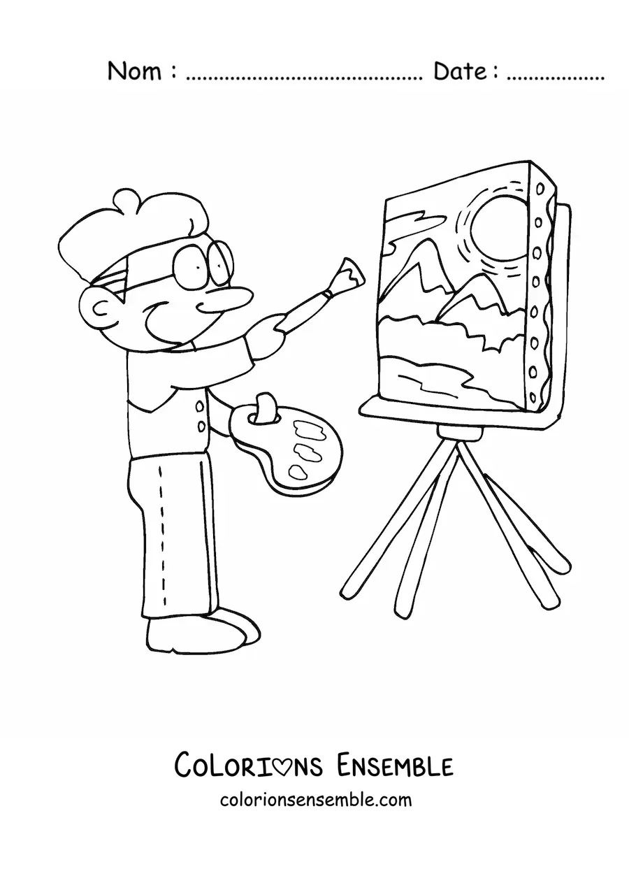 Image à colorier toute simple d'un peintre tout mignon en train de peindre une oeuvre d'art