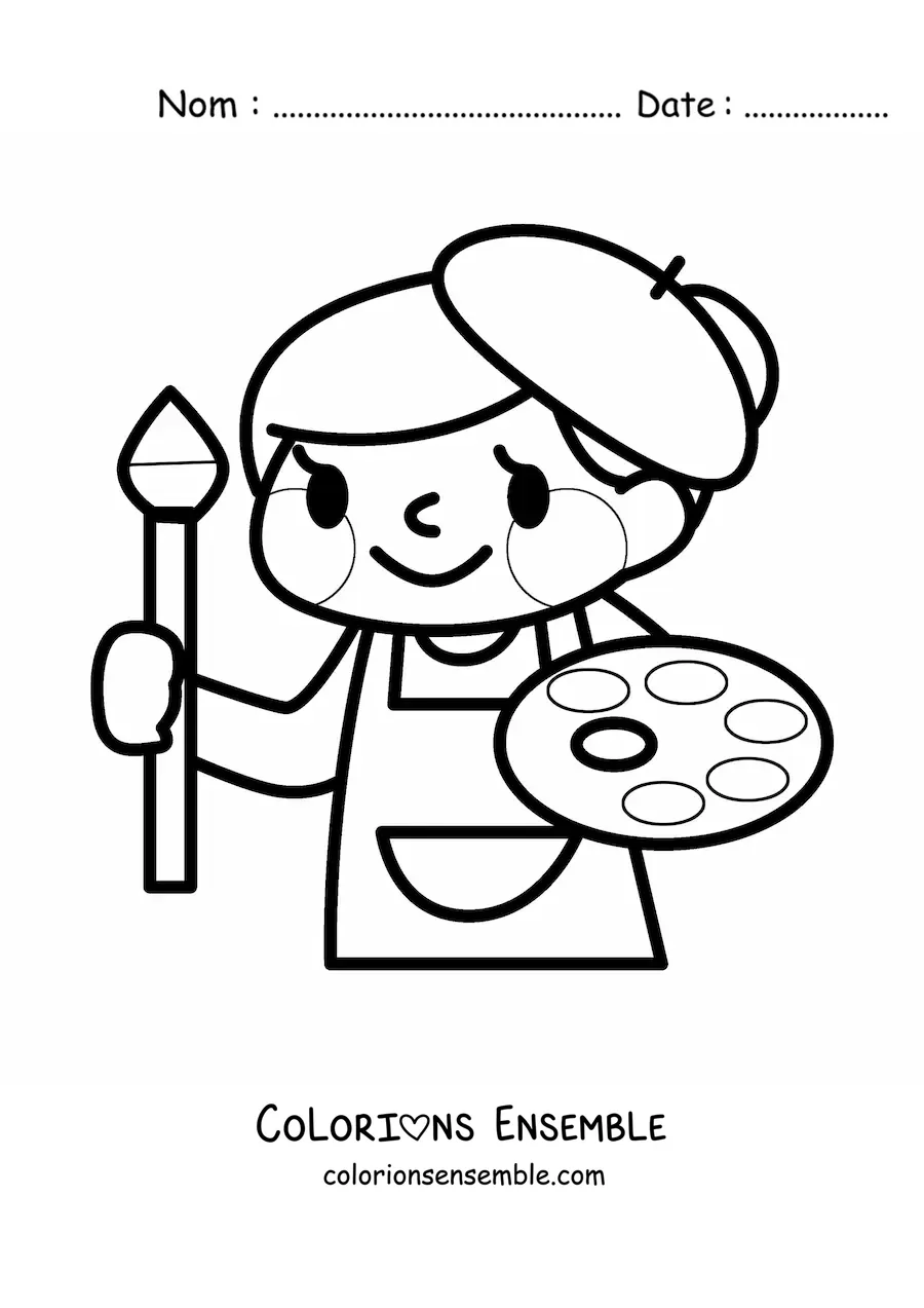 Image à colorier toute simple d'une peintre kawaii