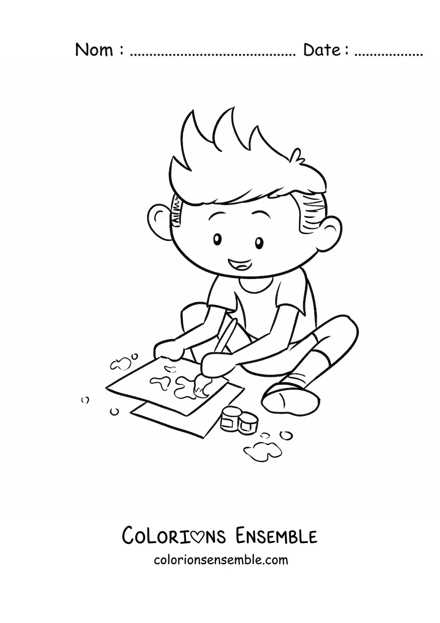 Image à colorier d'un petit garçon en train de peindre sur des feuilles de papier