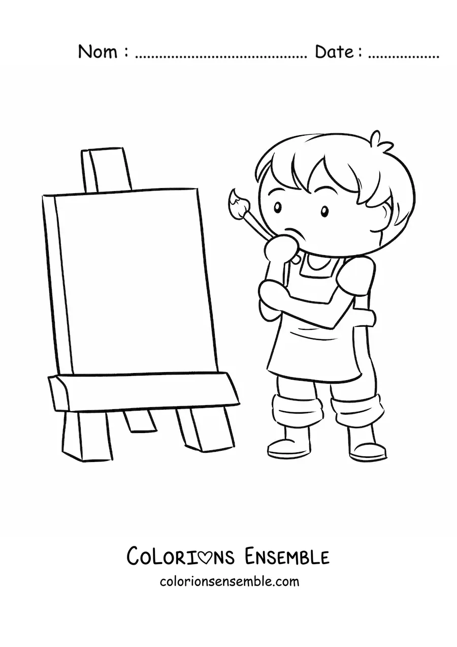 Image à colorier d'un petit garçon peintre devant une toile blanche