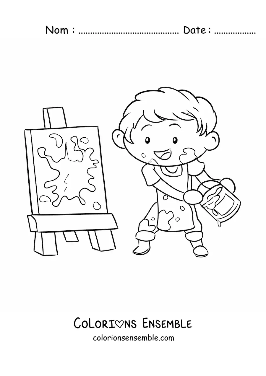 Image à colorier d'un petit garçon peintre en train de peindre un tableau abstrait