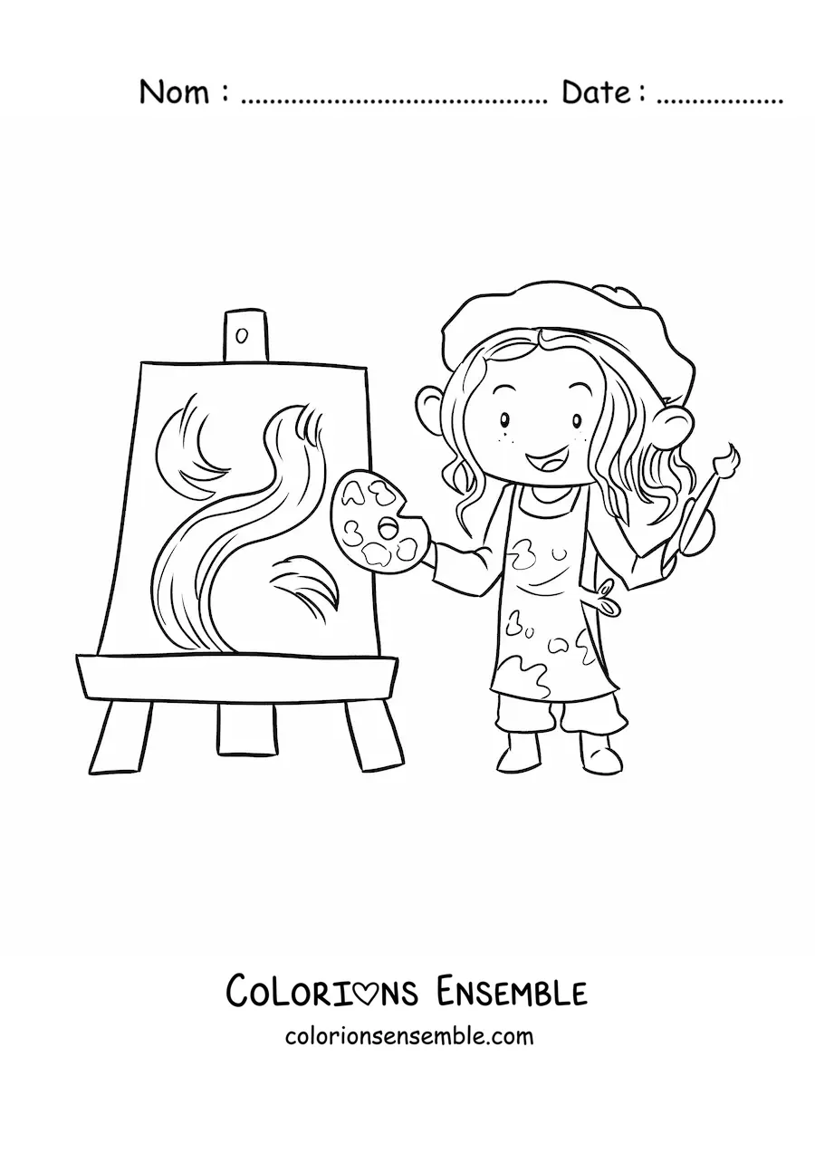 Image à colorier d'une petite fille peintre en train de peindre un tableau abstrait