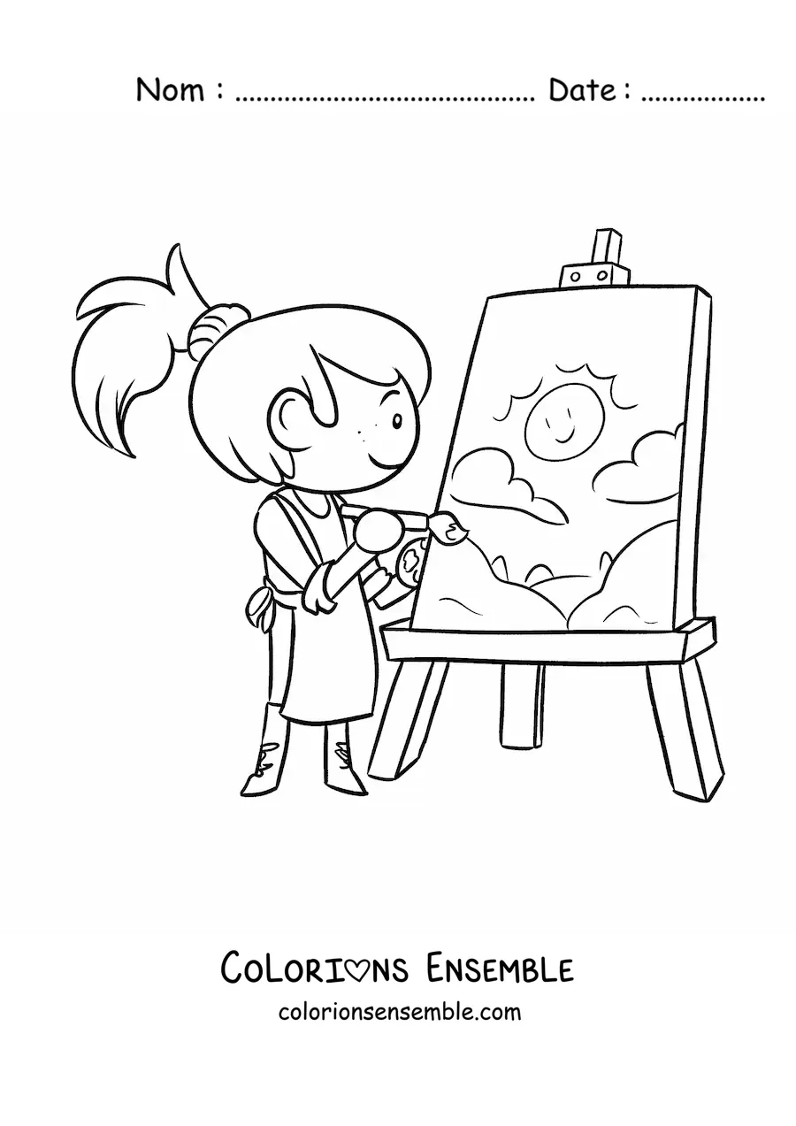 Image à colorier d'une petite artiste en train de peindre sur une toile