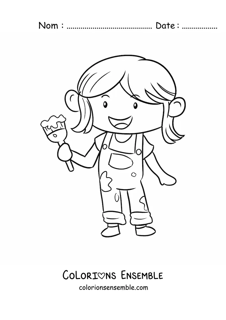 Image à colorier d'une petite fille peintre avec un pinceau