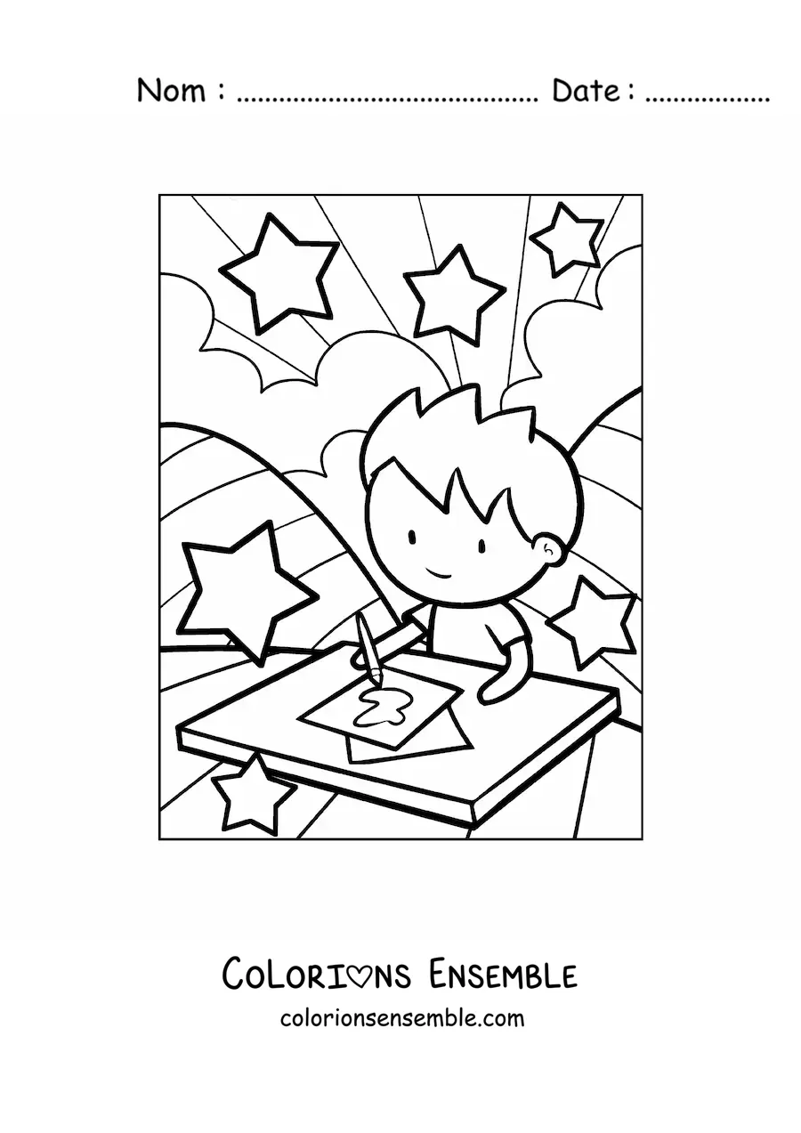 Image à colorier d'un petit garçon en train de peindre pendant le cours d'arts plastiques