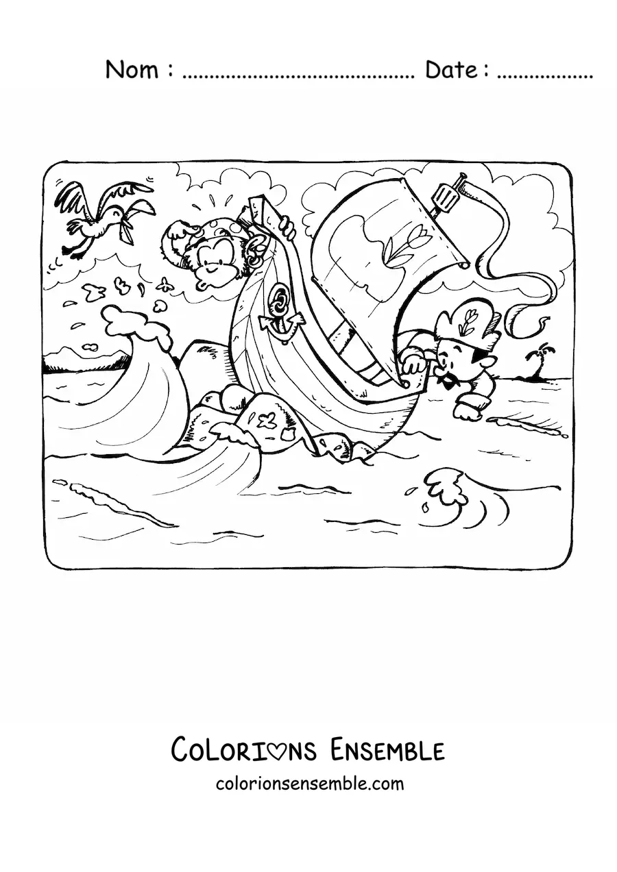 Image à colorier d'un bateau pirate en mer qui affronte les vagues