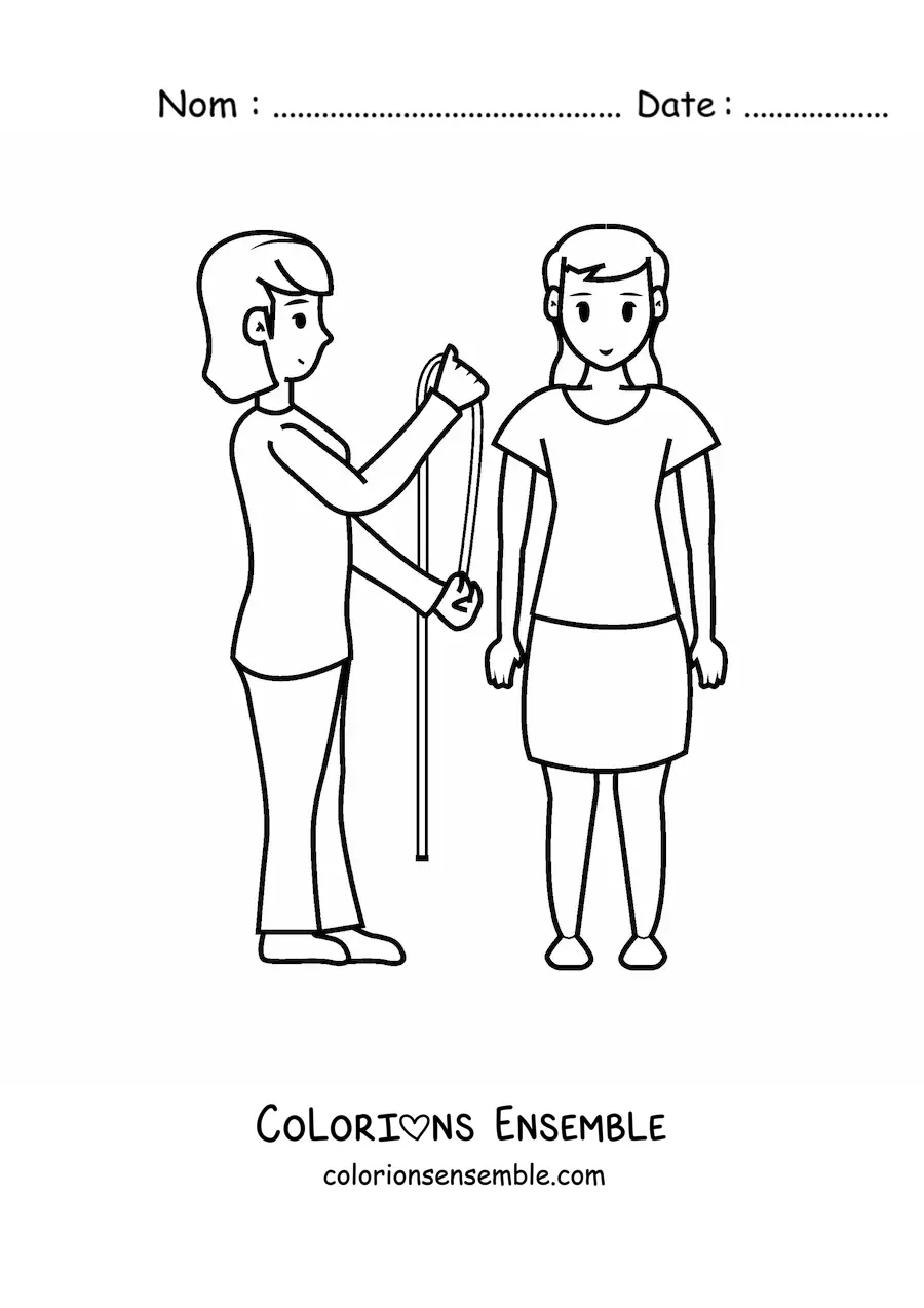 Image à colorier d'une femme couturière en train de prendre les mesures de la cliente