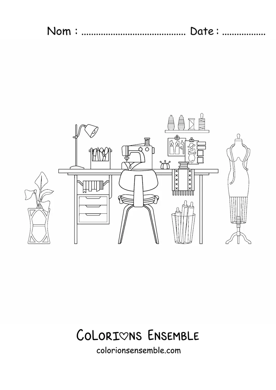 Image à colorier de l'atelier d'une couturière et de ses outils