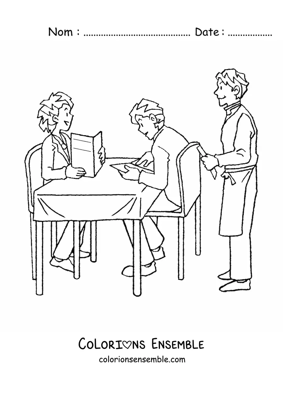 Image à colorier d'un serveur en train de travailler dans un restaurant