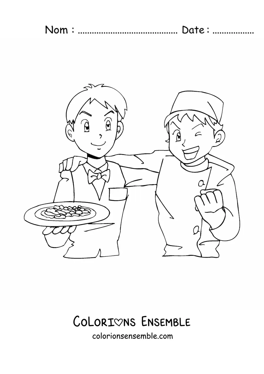 Image à colorier d'un serveur et d'un chef de restaurant style anime