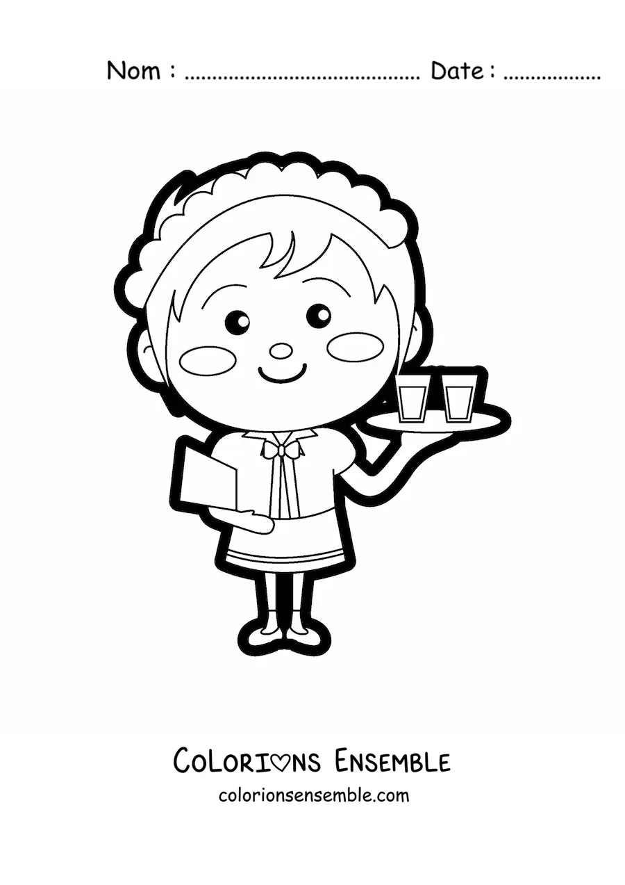 Image à colorier d'une serveuse kawaii