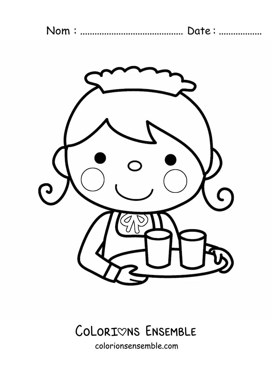Image à colorier d'une serveuse kawaii portant un plateau avec des verres