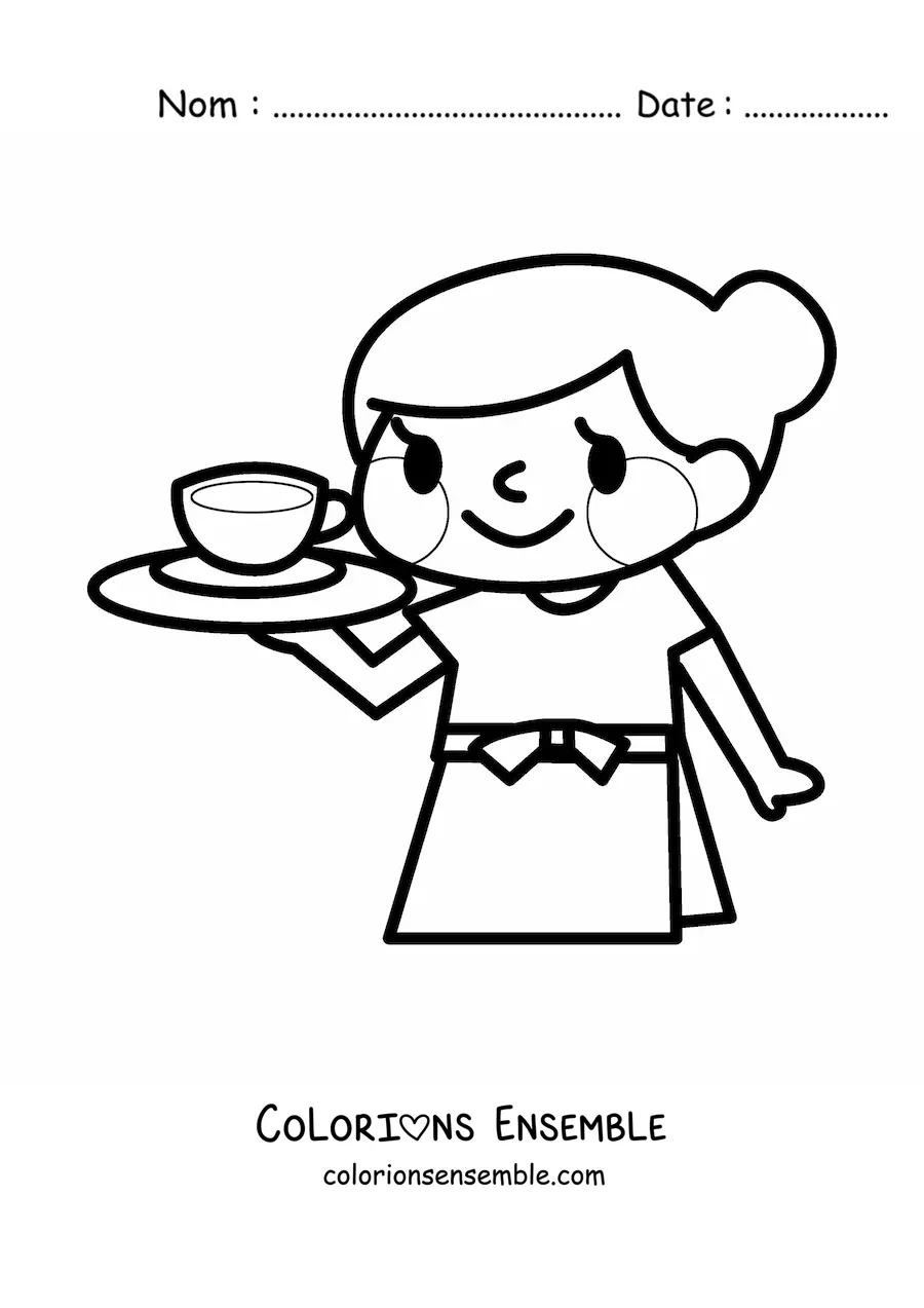 Image à colorier facile d'une serveuse kawaii
