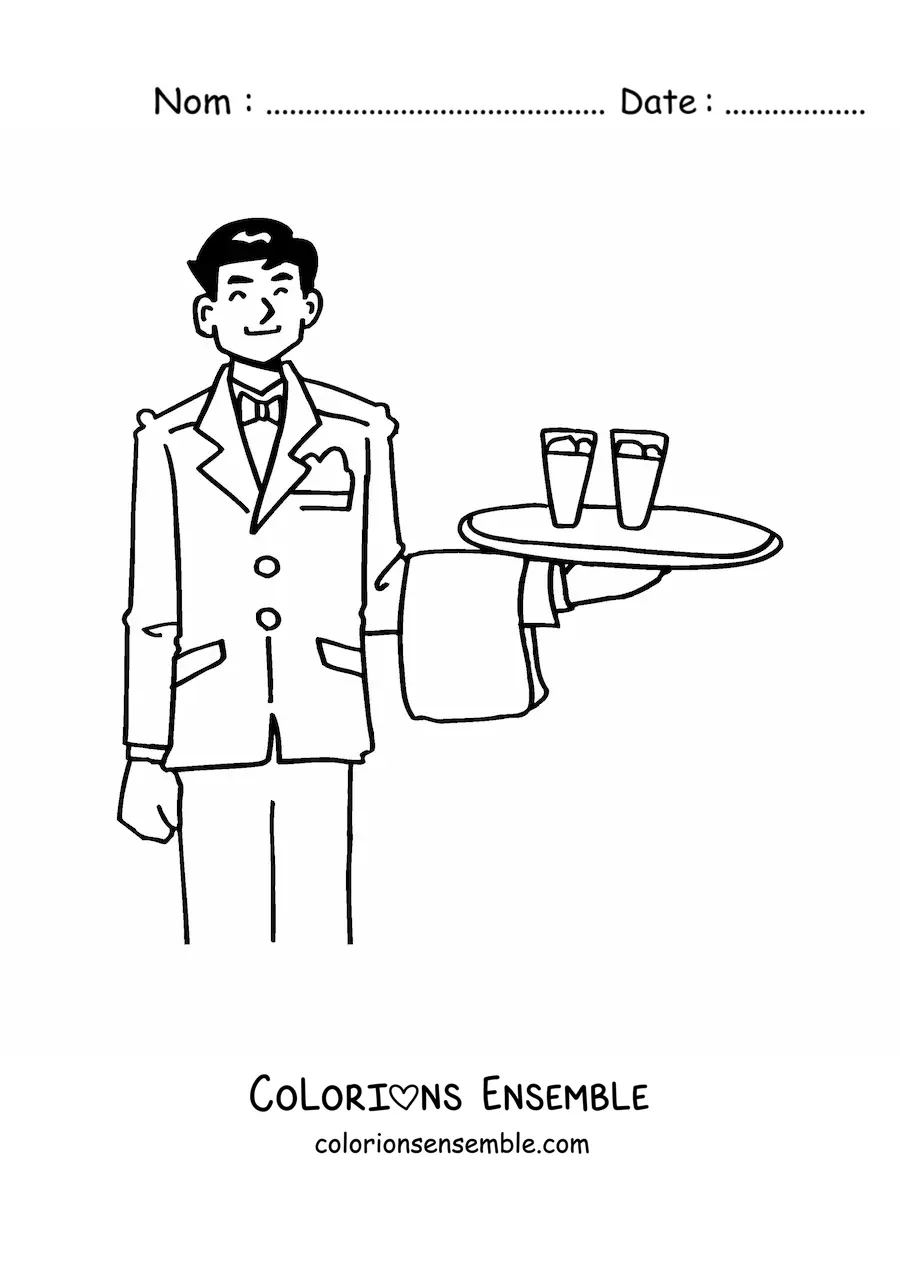 Image à colorier d'un serveur animé portant un plateau avec des verres
