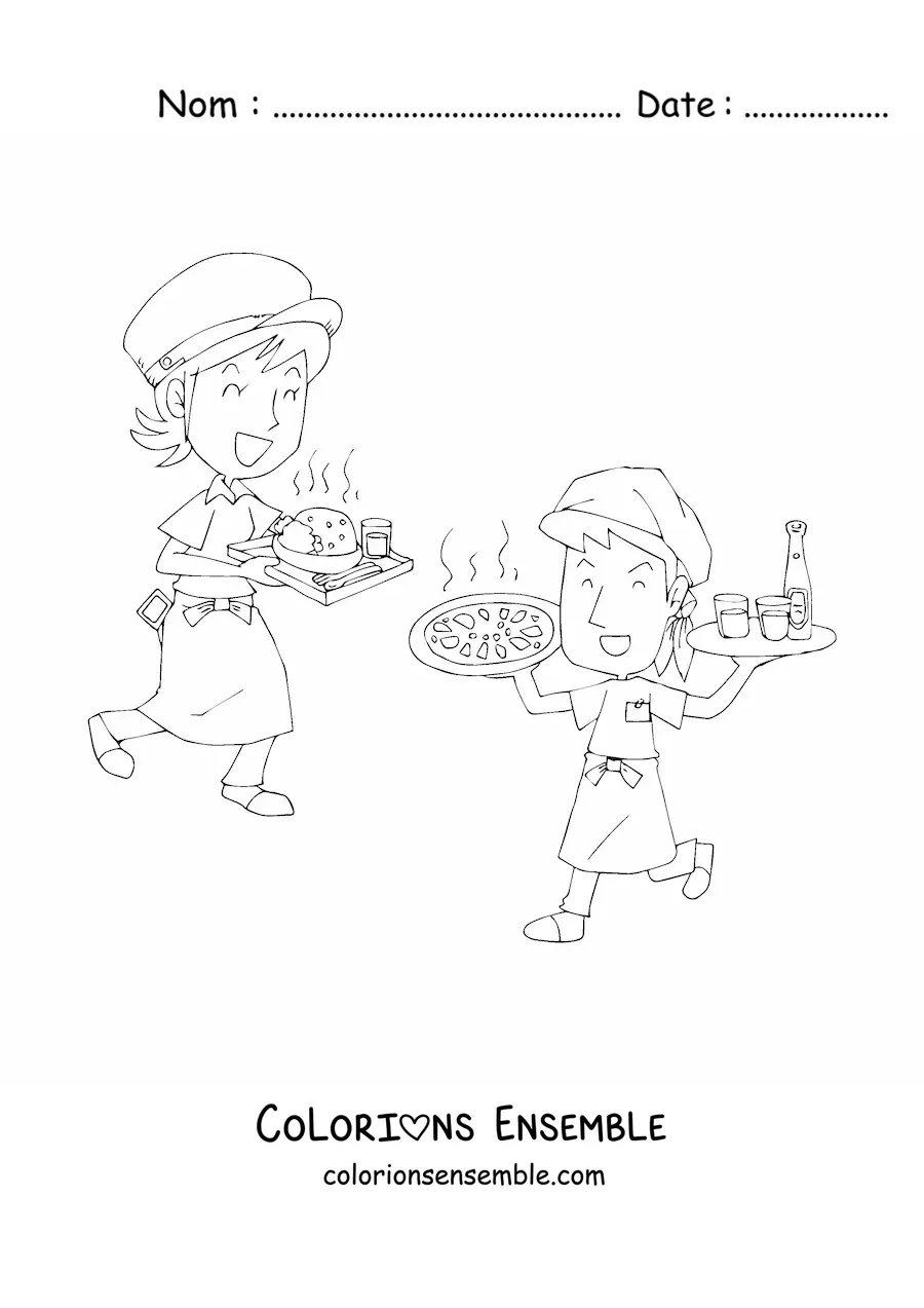 Image à colorier d'un dessin de serveurs de restaurant en train de travailler