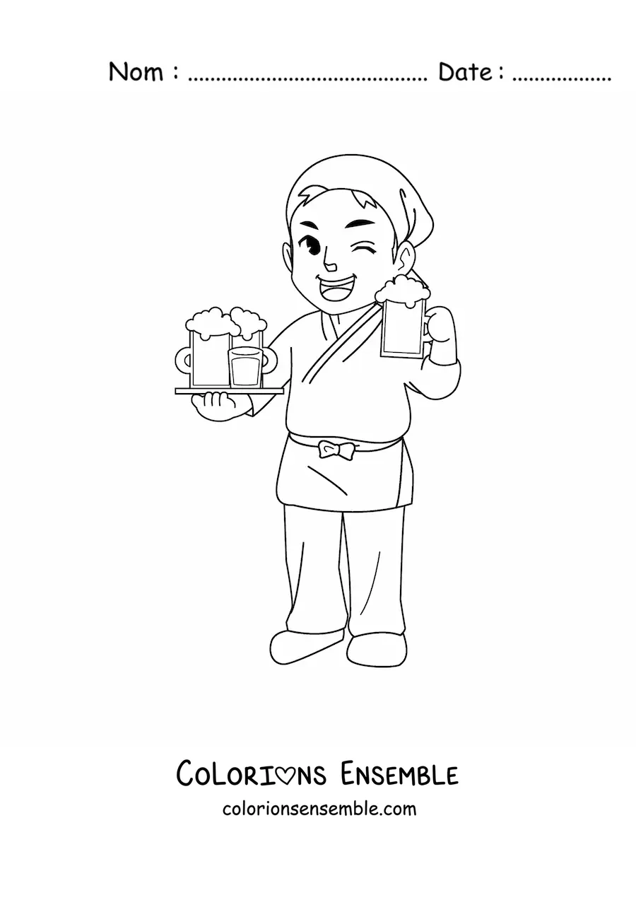 Image à colorier d'un serveur de bar en dessin animé