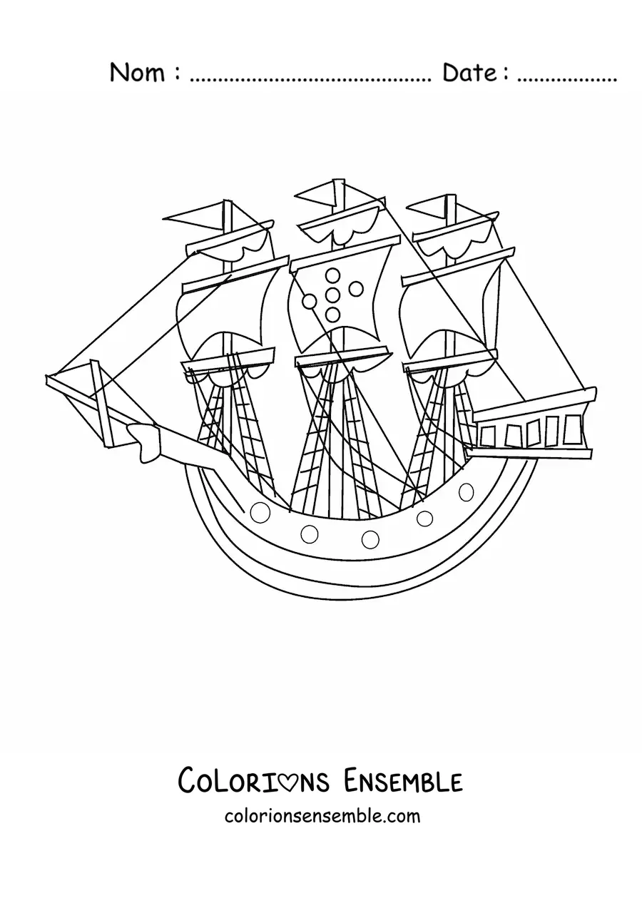 Image à colorier d'un bateau avec plusieurs voiles