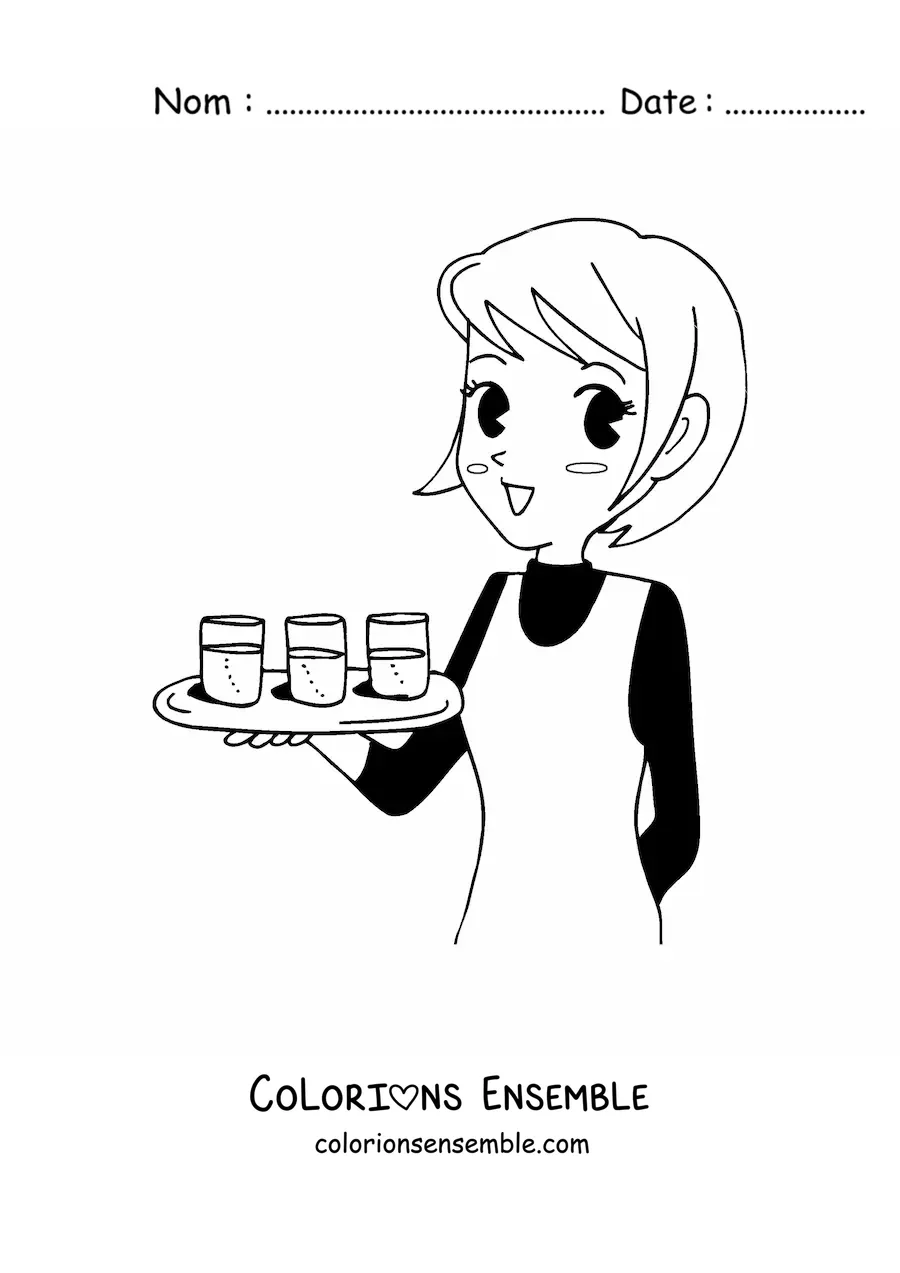 Image à colorier d'une serveuse de restaurant style anime
