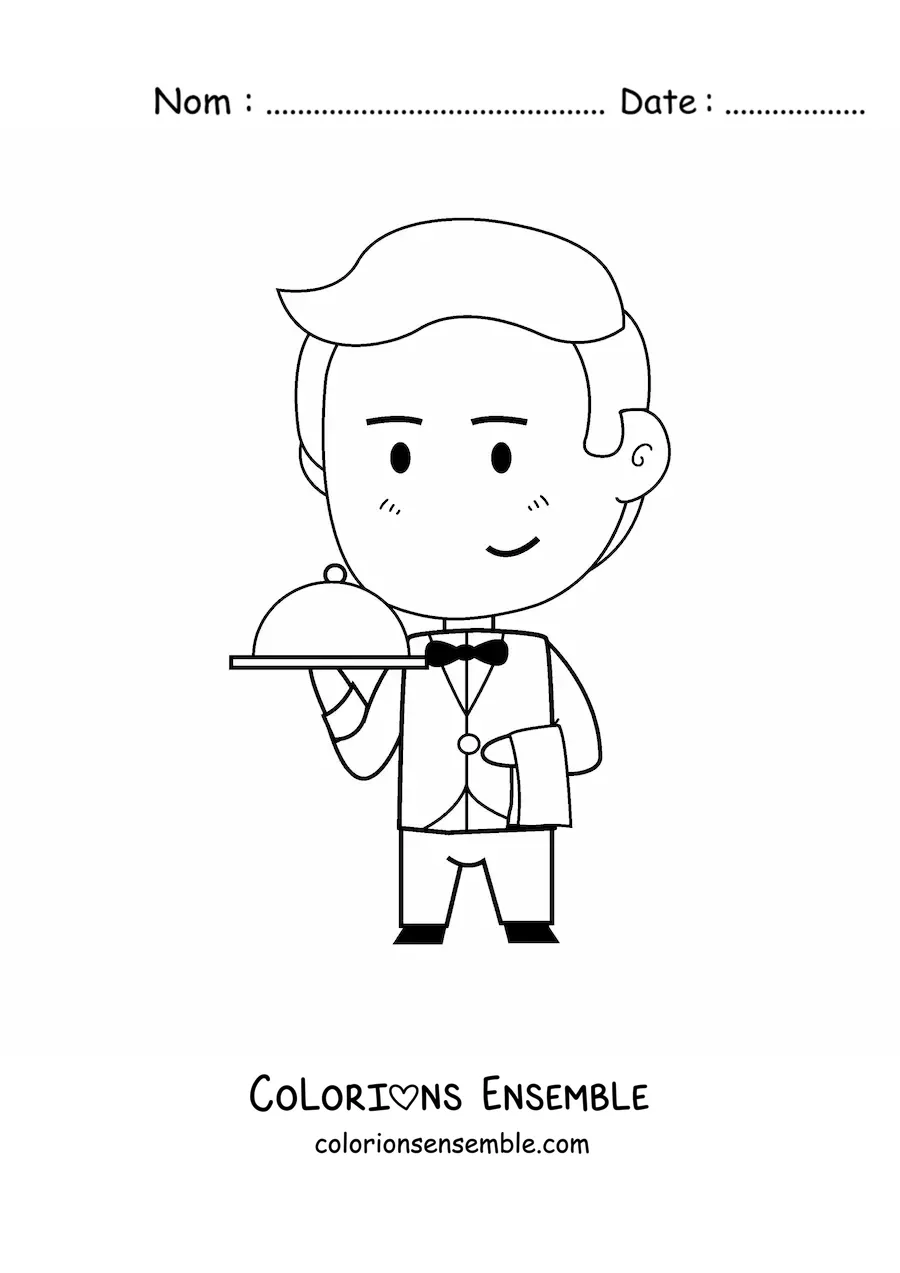 Image à colorier d'un serveur kawaii animé
