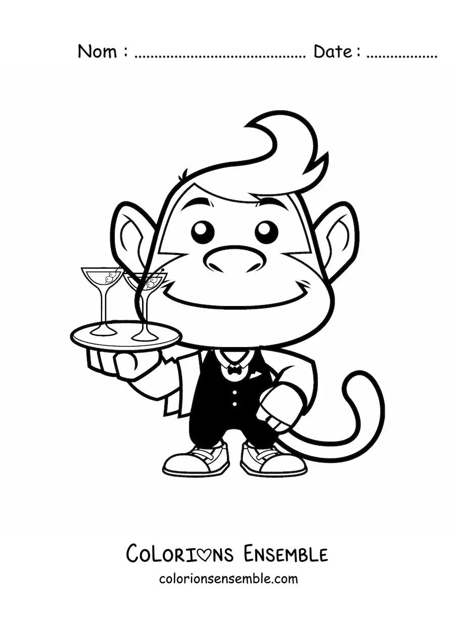 Image à colorier d'un singe animé exerçant le métier de serveur