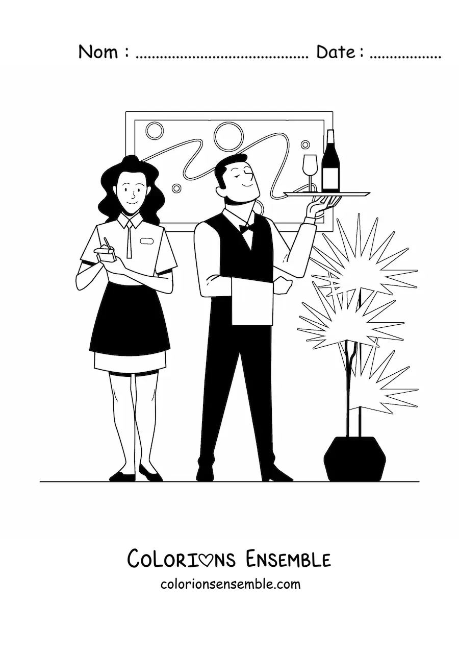 Image à colorier d'une serveuse et d'un serveur de restaurant